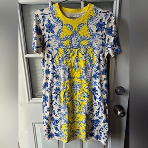 Tory Burch Yellow and Blue Floral Medallion Pima Cotton Tshirt Dress